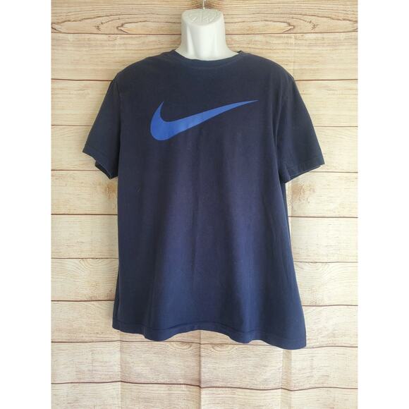 Nike Shirt Mens Large Blue Crew Neck Big Swoosh Check Logo Athletic Casual - Picture 1 of 4